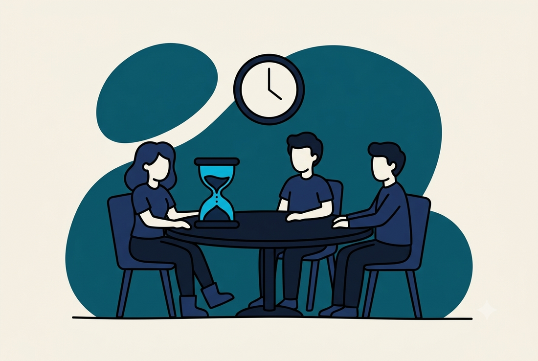 Illustration: Vier Personen an einem runden Tisch mit Sanduhr, darüber eine Wanduhr