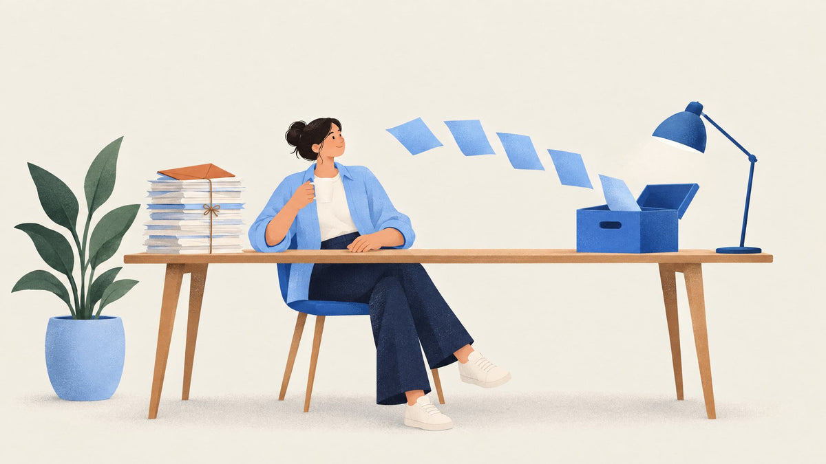 Illustration: Eine Buchhalterin sitzt mit einer Tasse am Schreibtisch, neben ihr ein verschnürter Stapel Papierrechnungen, vor ihr fliegen blaue Blätter in einer Reihe in einen offenen Archivkasten