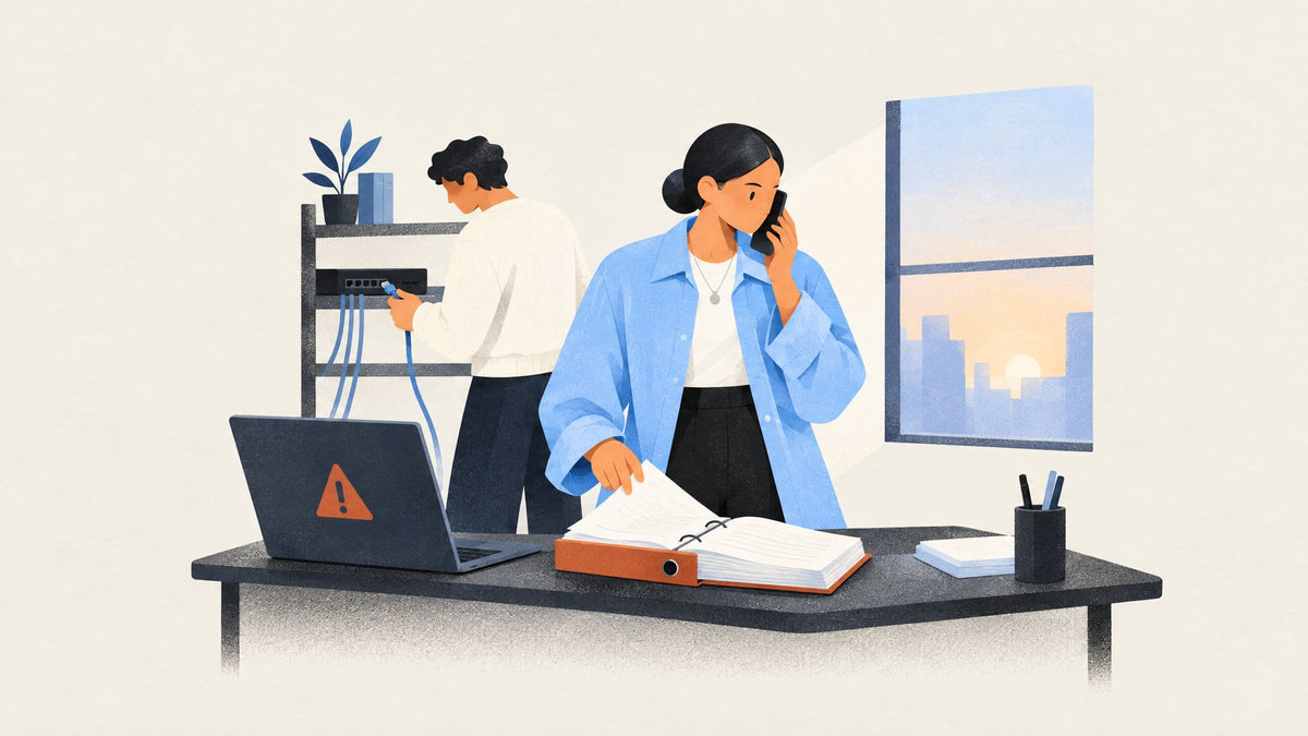Illustration: Geschäftsführerin telefoniert und schlägt den Notfallordner auf, ein Kollege trennt das Netzwerkkabel