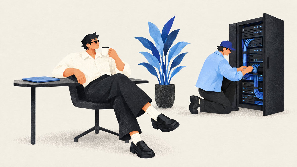 Illustration: Unternehmer entspannt mit Kaffee am Schreibtisch, ein IT-Techniker wartet den Serverschrank