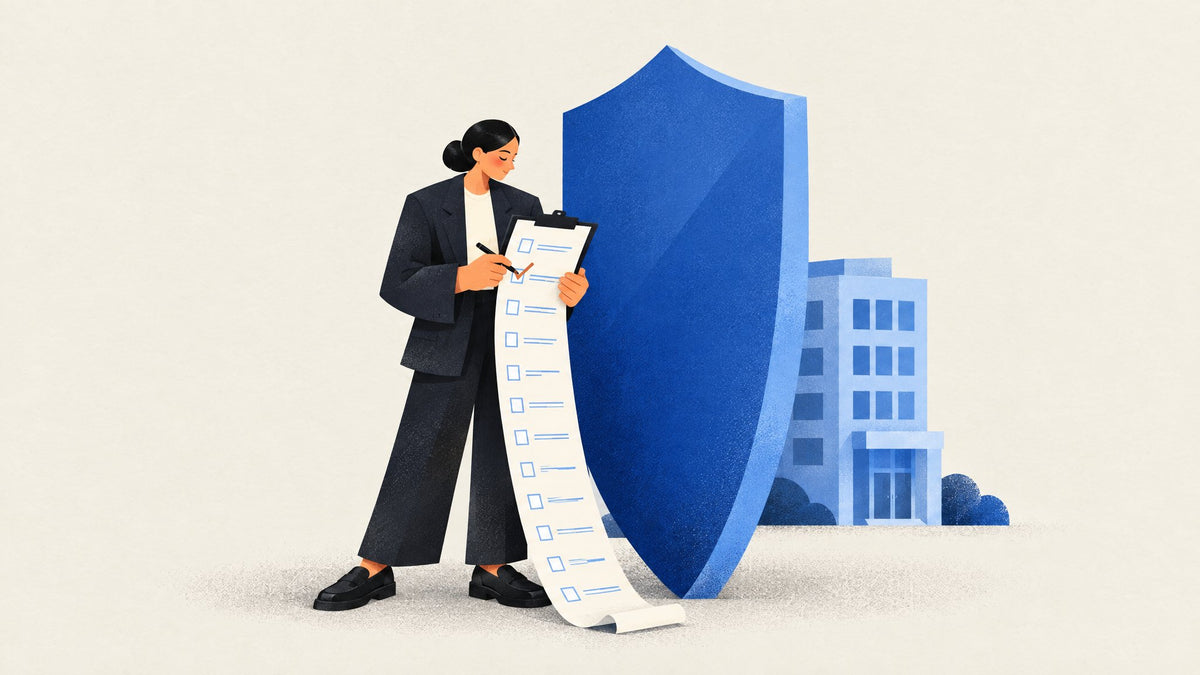 Illustration: Geschäftsführerin hakt eine lange Checkliste ab, neben ihr ein großes Schild vor dem Firmengebäude