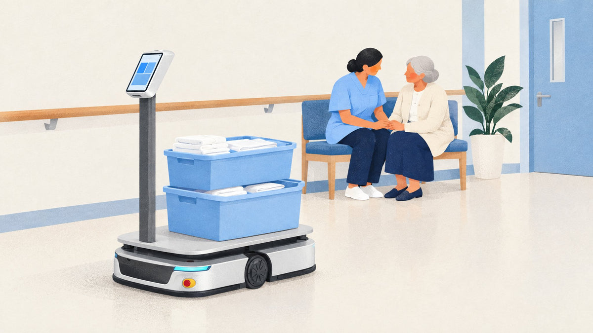 Illustration: Ein Transportroboter KEENON S100 bringt Kisten mit Wäsche über den Flur eines Pflegeheims, im Hintergrund hält eine Pflegekraft die Hand einer Bewohnerin