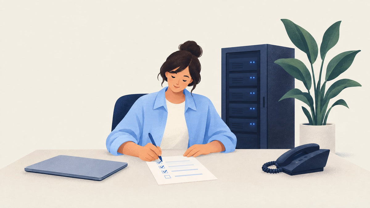 Illustration: Eine Geschäftsführerin hakt am Schreibtisch mit dem Stift Punkte auf einer kurzen Checkliste ab, daneben ein zugeklapptes Notebook und ein Telefon, hinter ihr ein Serverschrank mit blauen Statusleuchten und eine Zimmerpflanze