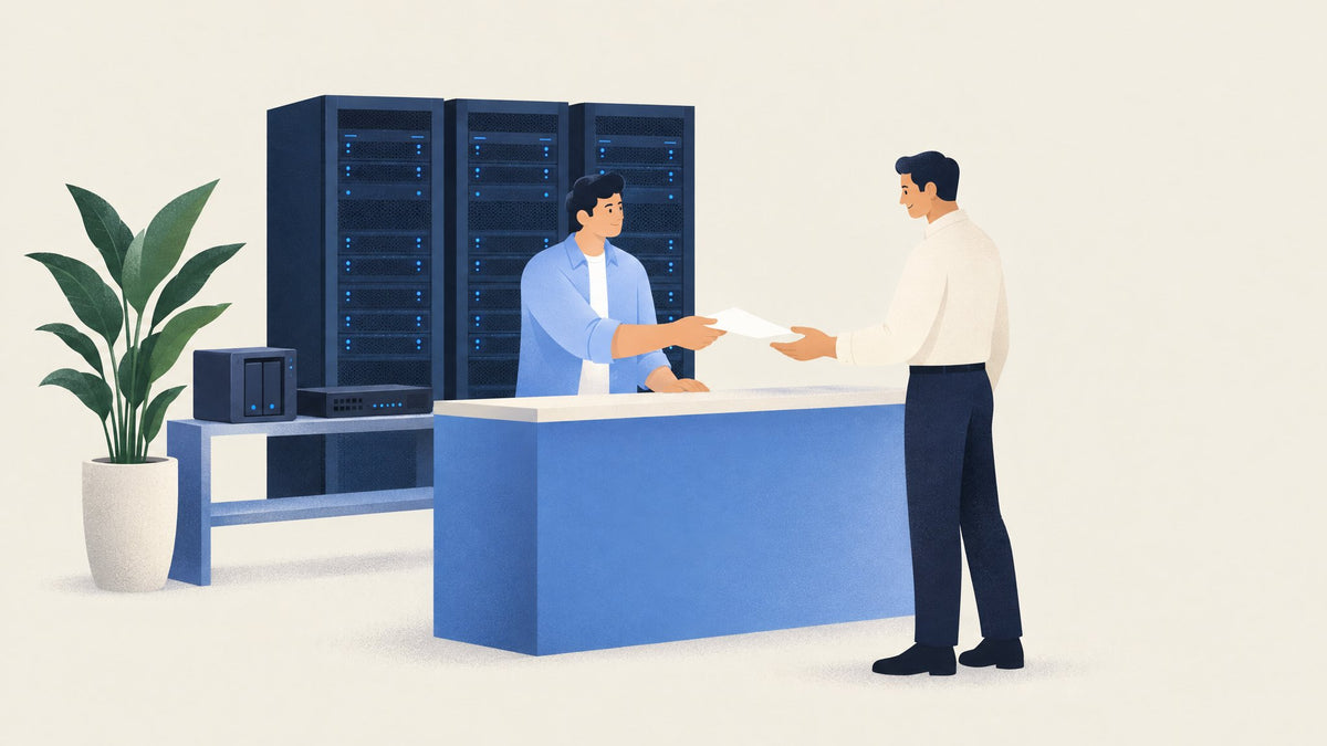 Illustration: Ein Hosting-Techniker reicht an einem Tresen einem Unternehmer ein Blatt Papier, hinter ihm drei Serverschränke mit blauen Statusleuchten, auf einem Regal daneben ein kleines NAS und eine Firewall, links eine Zimmerpflanze