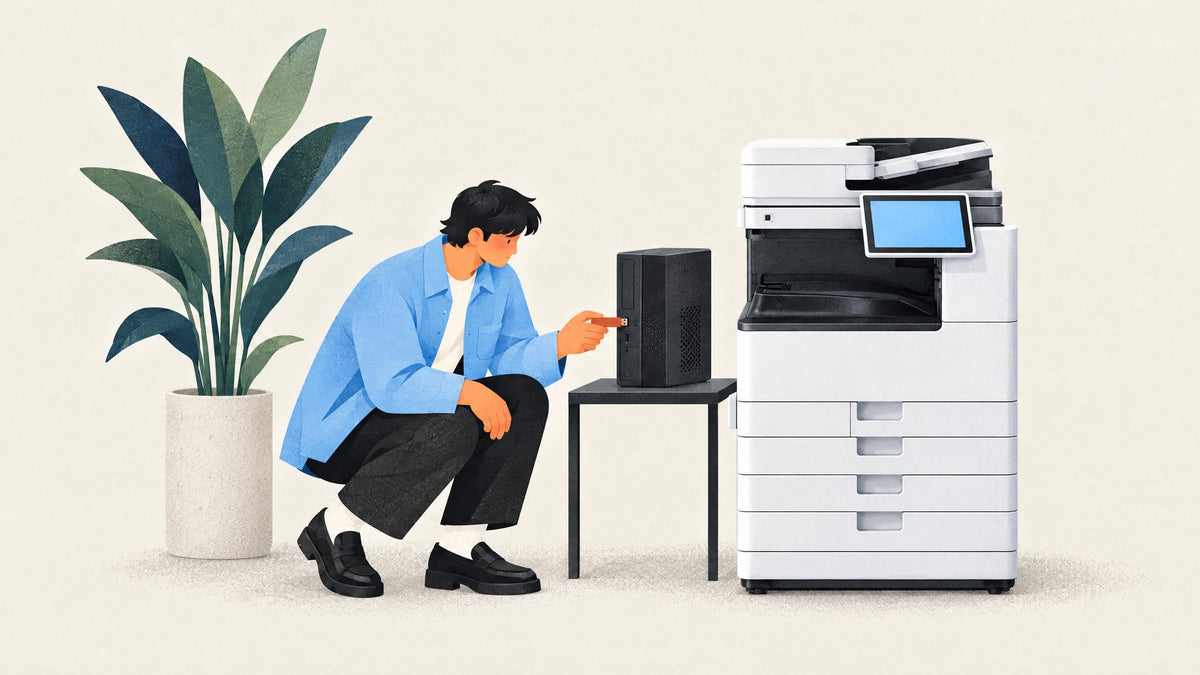 Illustration: Ein IT-Administrator hockt neben einem großen Multifunktionsdrucker und steckt einen USB-Stick in einen kleinen Rechner auf einem Beistelltisch