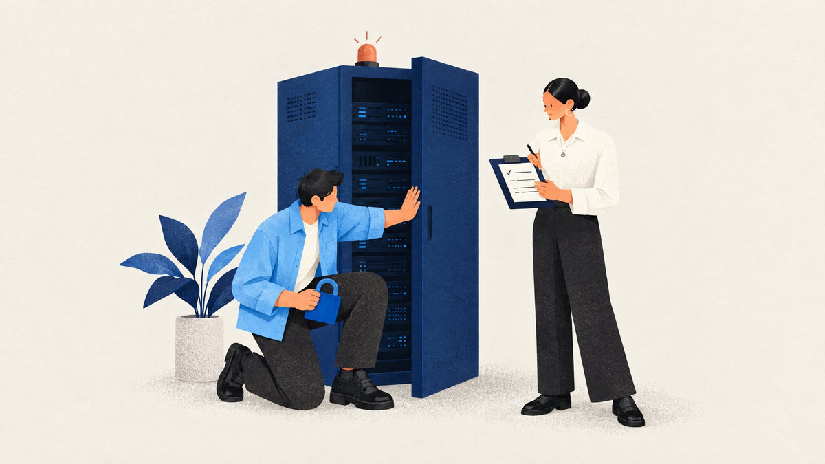 Illustration: Ein IT-Techniker schließt kniend die Tür eines Serverschranks und hält ein Vorhängeschloss, daneben hakt eine Geschäftsführerin einen Punkt auf ihrem Klemmbrett ab