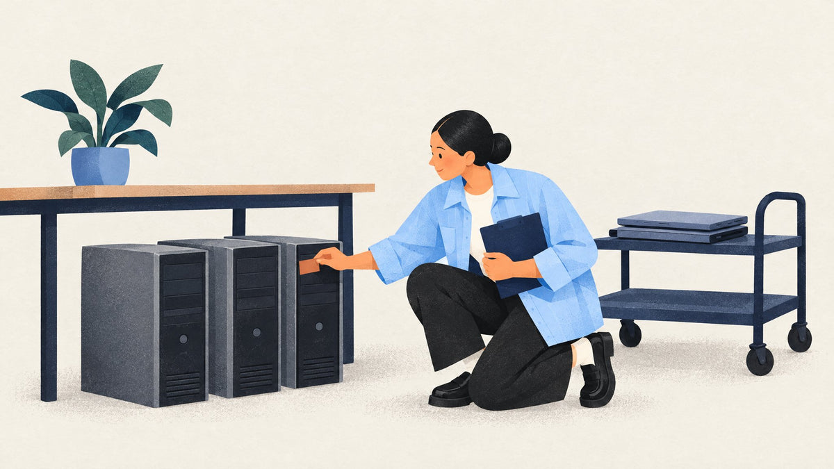 Illustration: Eine Mitarbeiterin kniet neben drei alten PC-Türmen und markiert einen davon, hinter ihr warten zwei neue Laptops auf einem Rollwagen